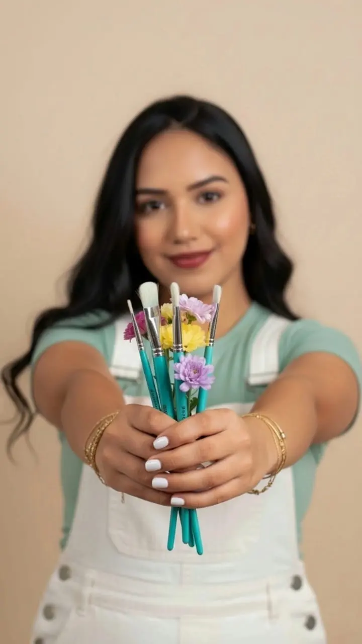 Poly Art sosteniendo pinceles y flores, guía de los talleres de Estación Creativa